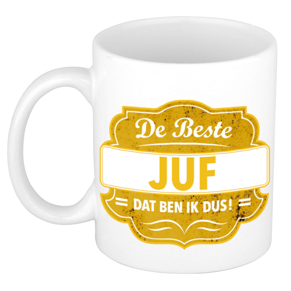 De beste juf cadeau koffiemok / theebeker geel embleem 300 ml -