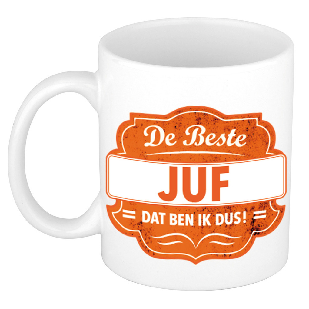 De beste juf cadeau koffiemok / theebeker oranje embleem 300 ml -