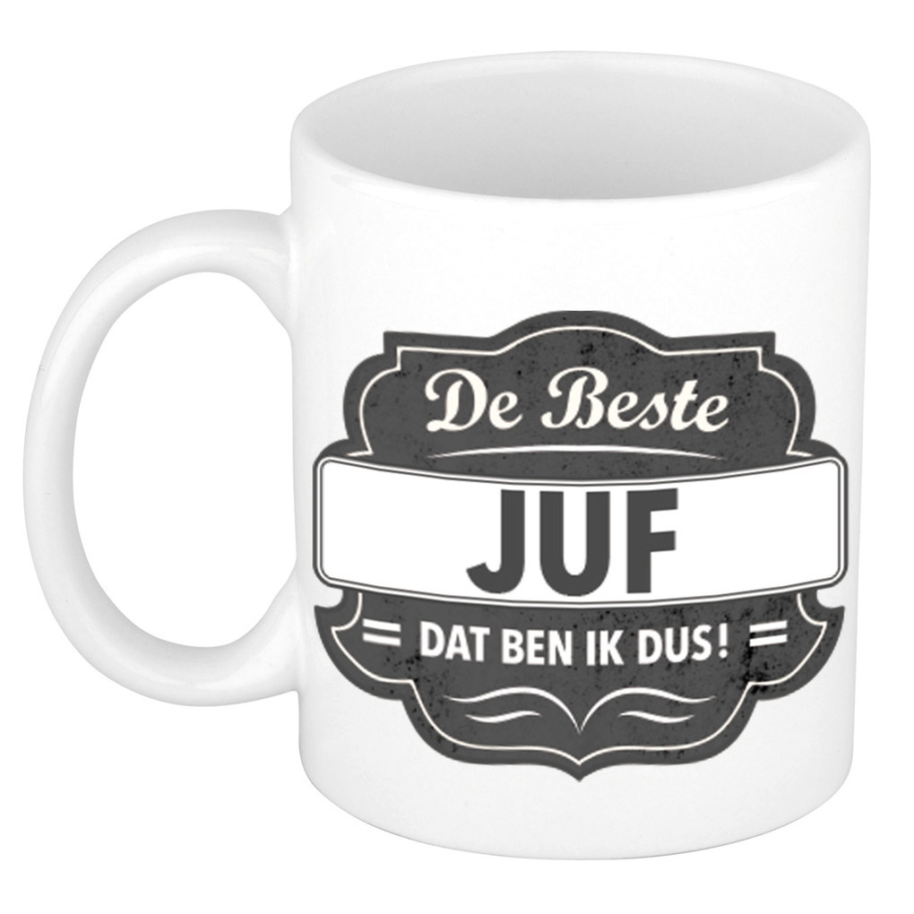 De beste juf cadeau koffiemok / theebeker grijs embleem 300 ml -