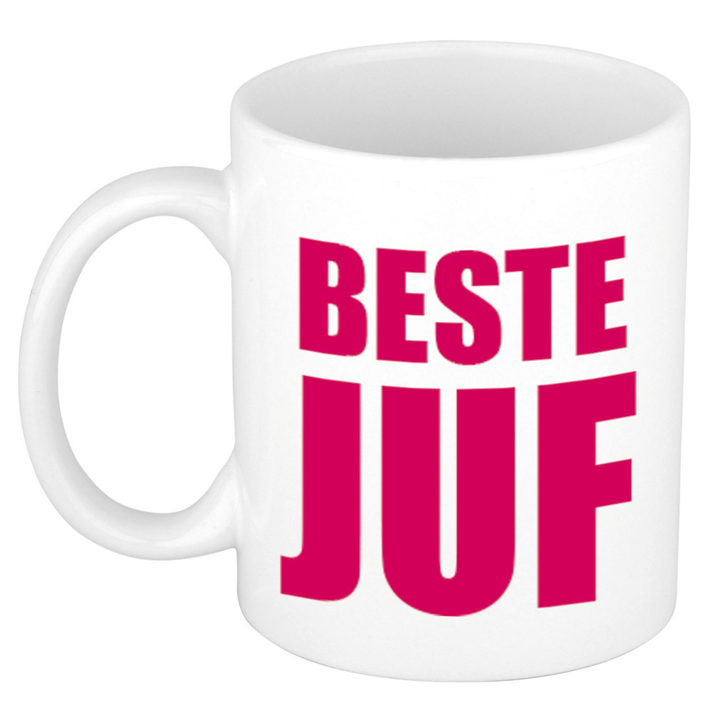 Beste juf cadeau koffiemok / theebeker roze blokletters 300 ml -