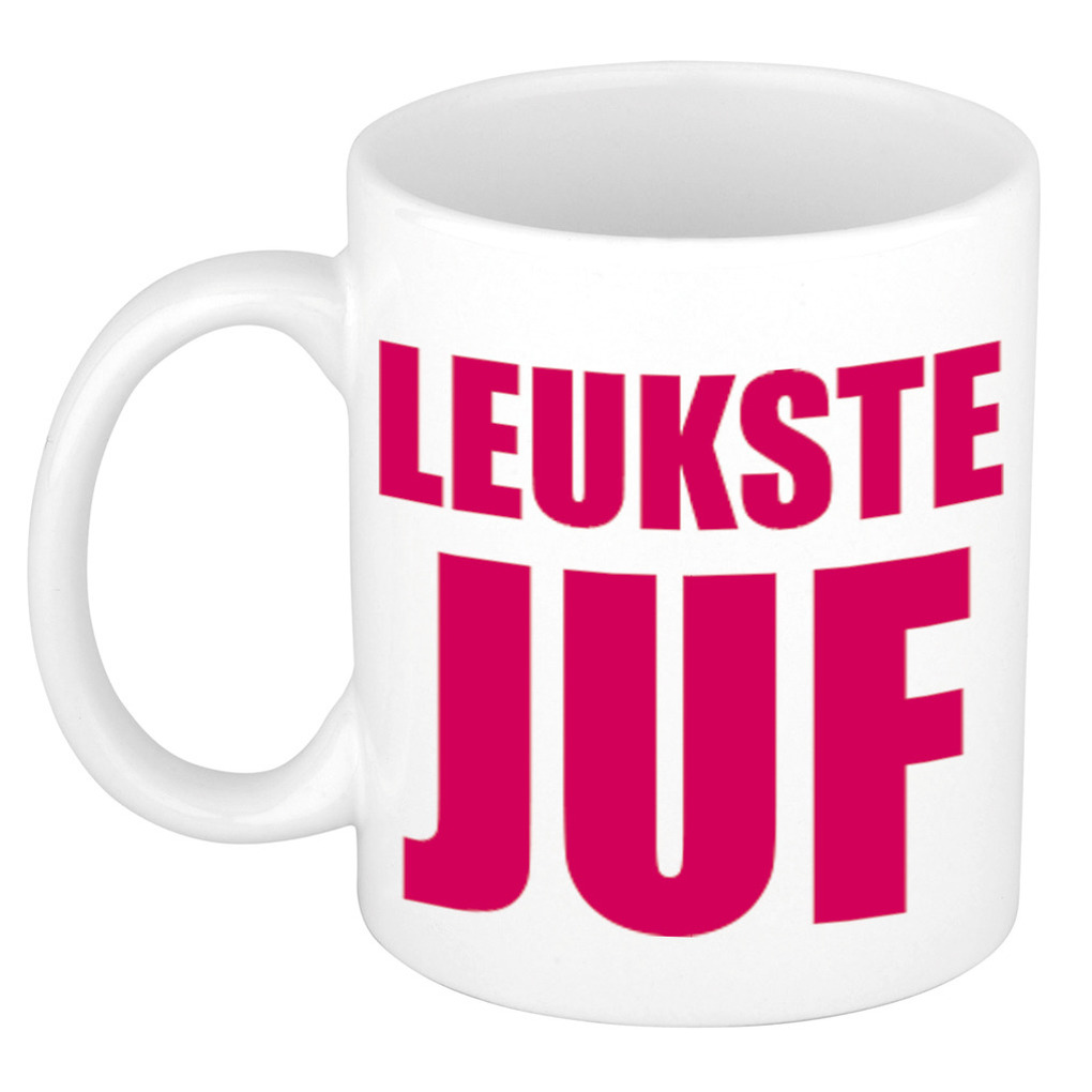 Leukste juf cadeau koffiemok / theebeker roze blokletters 300 ml -