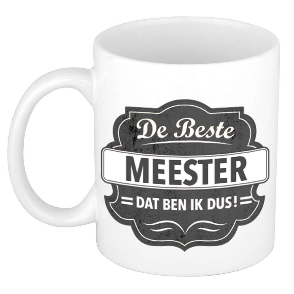 De beste meester cadeau koffiemok / theebeker grijs embleem 300 ml -