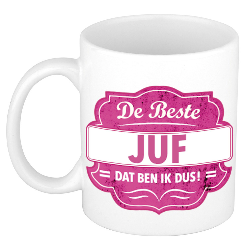 De beste juf cadeau koffiemok / theebeker roze embleem 300 ml -