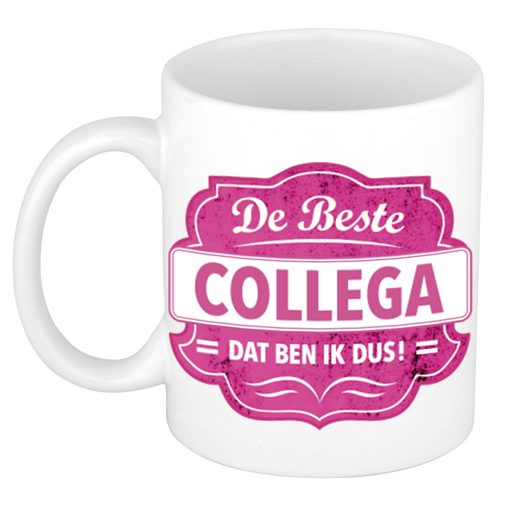 De beste collega dat ben ik dus cadeau mok / beker wit met roze embleem 300 ml -