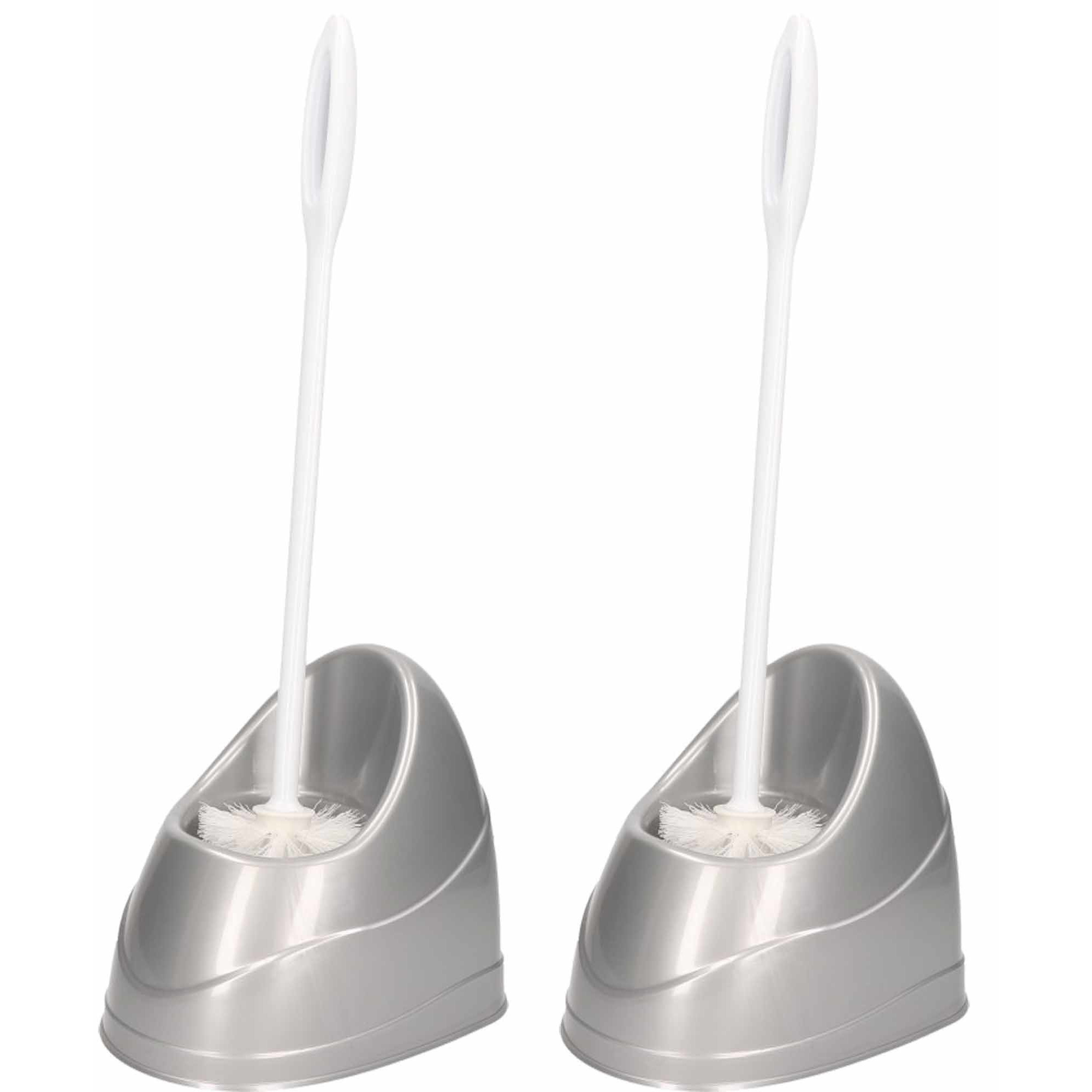 2x Toiletborstels/wc borstels met houder zilver 45 cm -