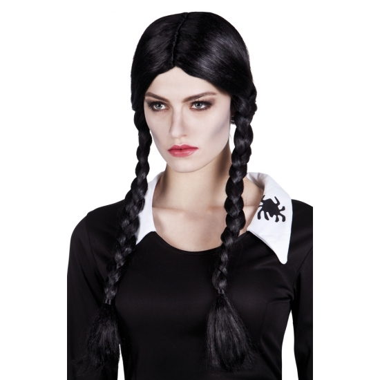 The Adams Family verkleed damespruik Wednesday - zwart - staartjes - Halloween -