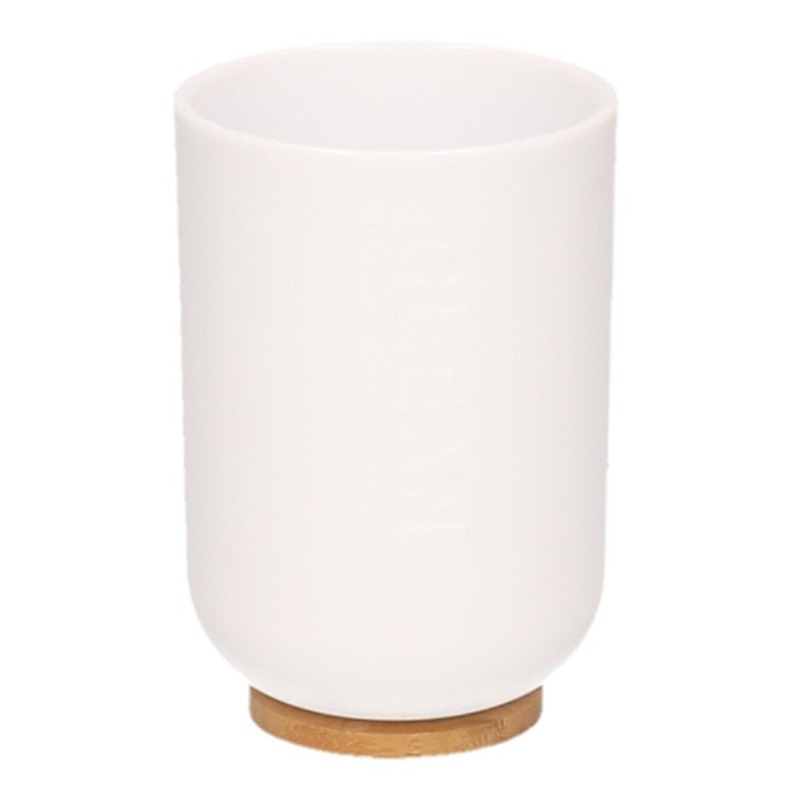 Badkamer beker/tandenborstel houder - wit - kunststof/bamboe -11 cm -
