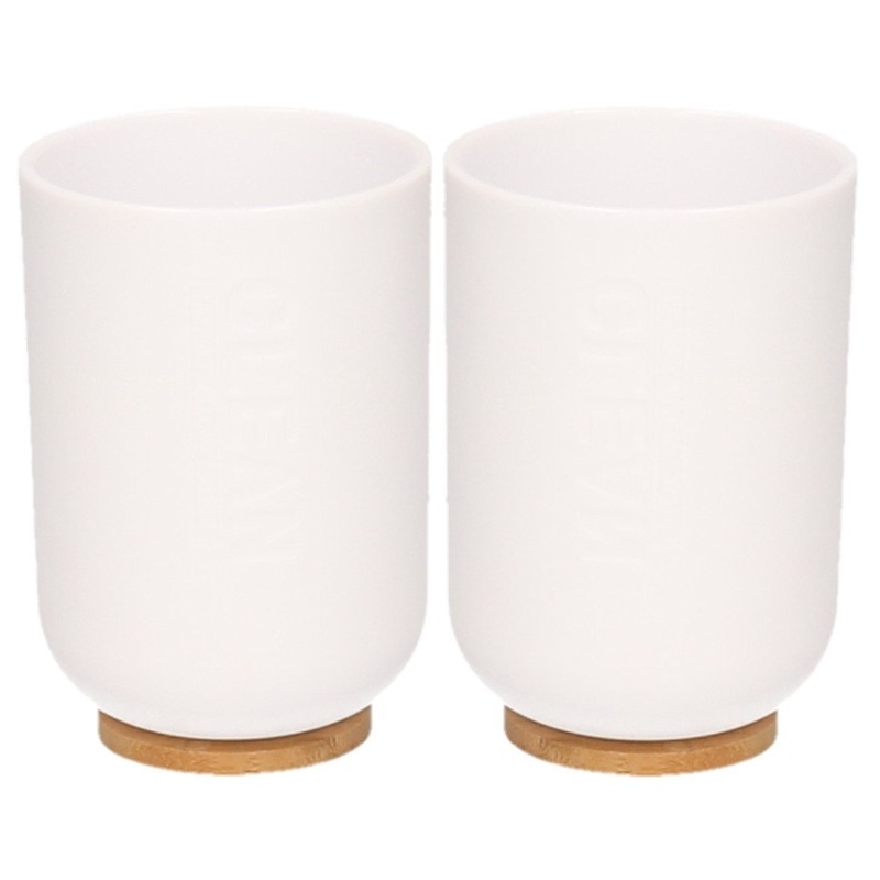 Badkamer beker/tandenborstel houder - 2x - wit - kunststof/bamboe -11 cm -