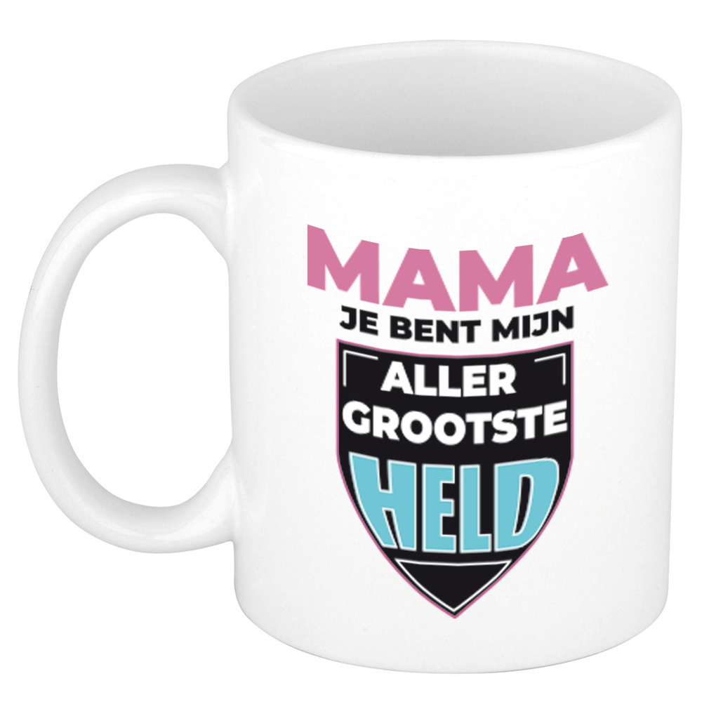 Mama je bent mijn allergrootste held cadeau mok / beker wit met schild 300 ml -