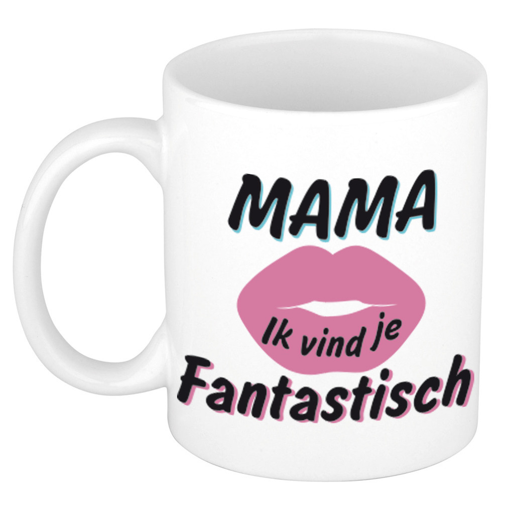 Mama ik vind je fantastisch cadeau mok / beker wit met roze kus 300 ml -