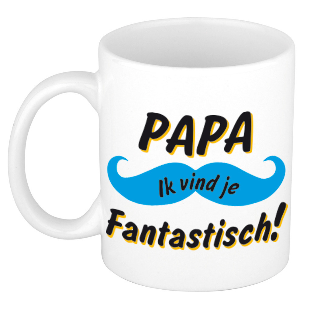 Papa ik vind je fantastisch cadeau mok / beker wit met blauwe snor 300 ml -