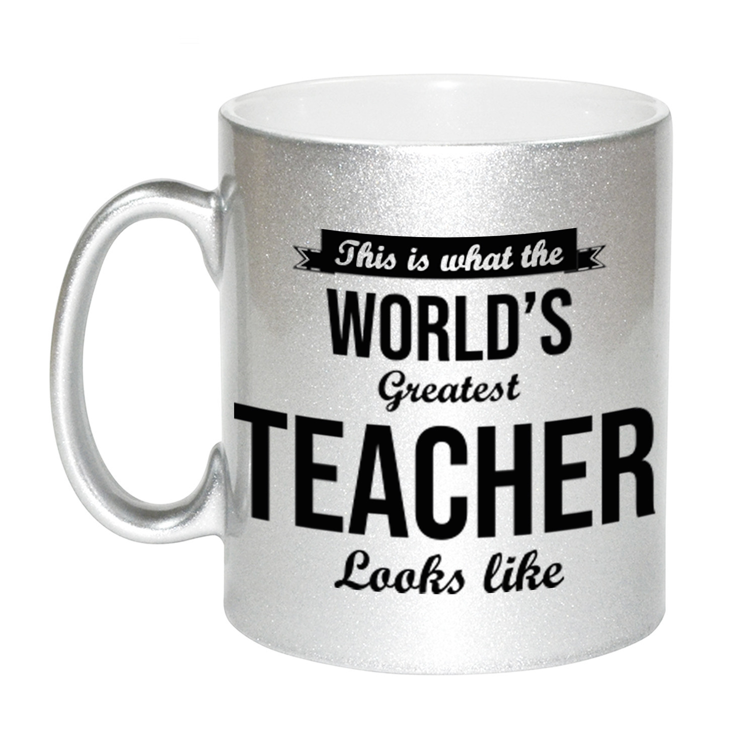 Zilveren Worlds Greatest Teacher cadeau koffiemok / theebeker voor leraar / lerares 330 ml -