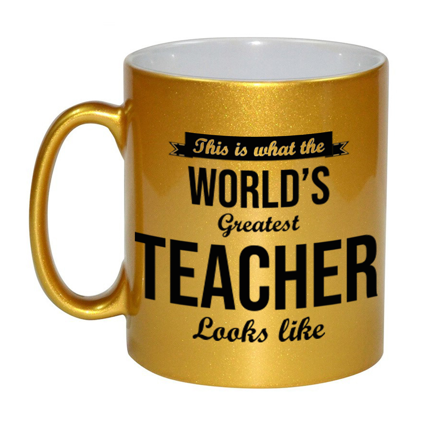 Gouden Worlds Greatest Teacher cadeau koffiemok / theebeker voor leraar / lerares 330 ml -
