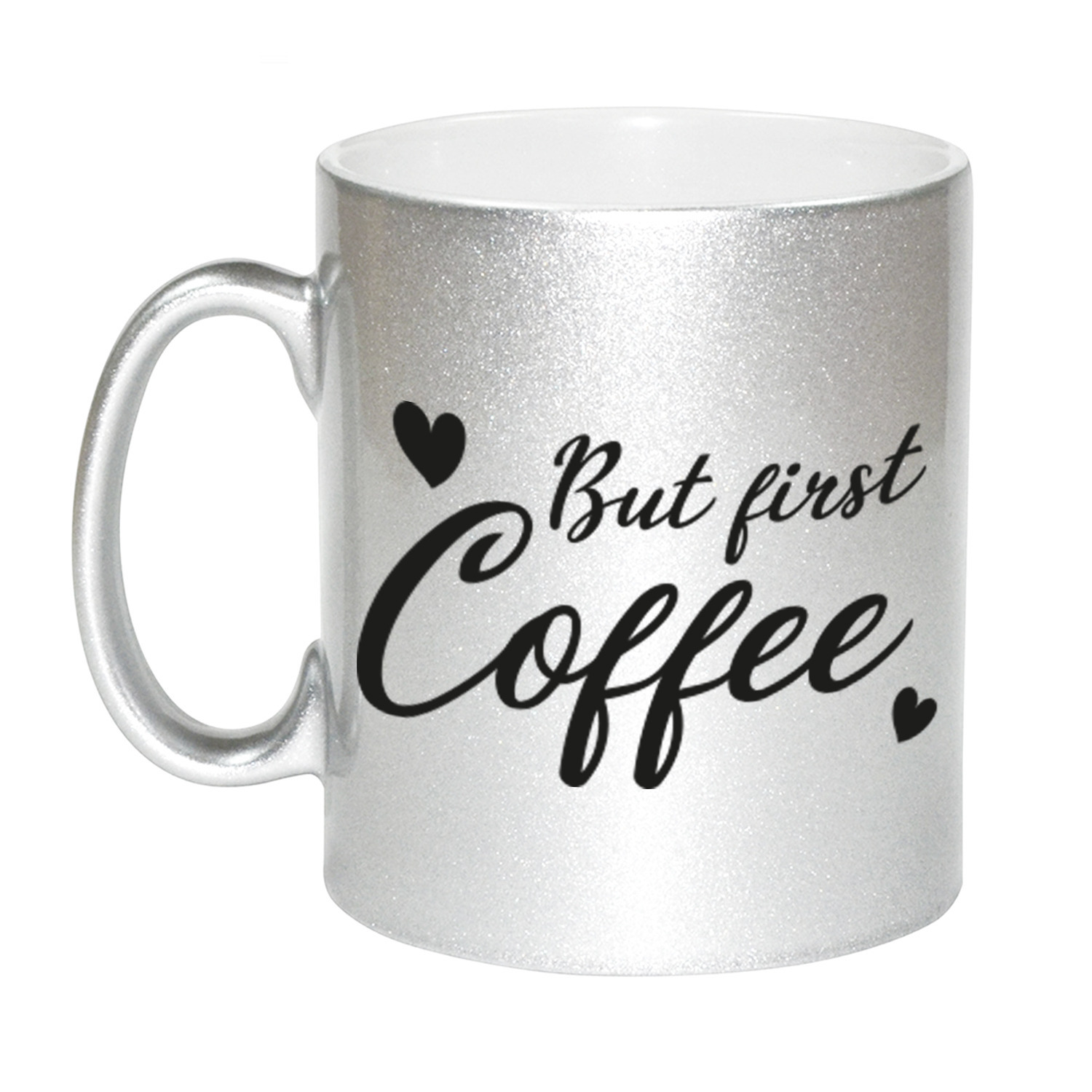 But first coffee zilveren cadeau mok / beker met hartjes 330 ml -