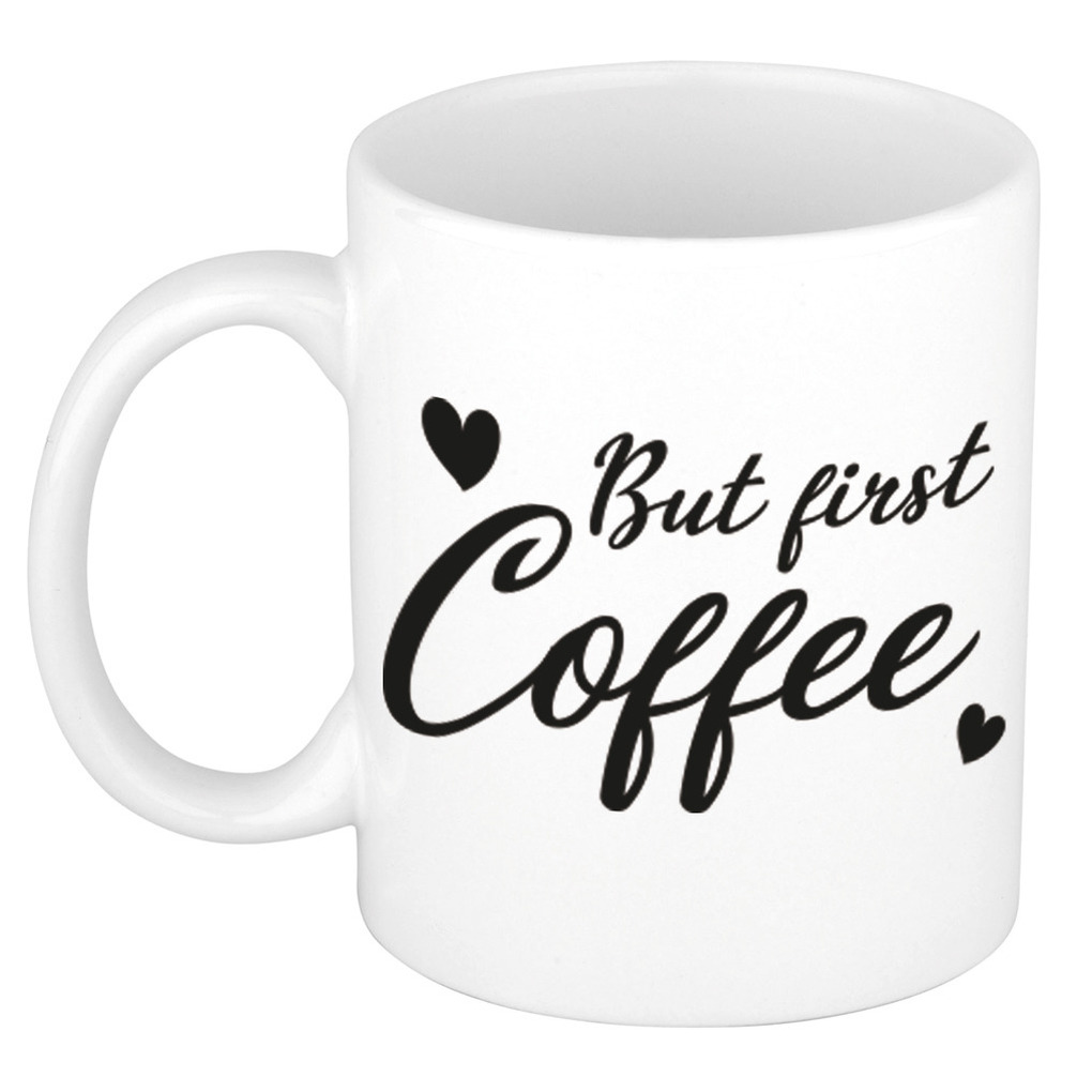 But first coffee cadeau mok / beker wit met hartjes 300 ml -