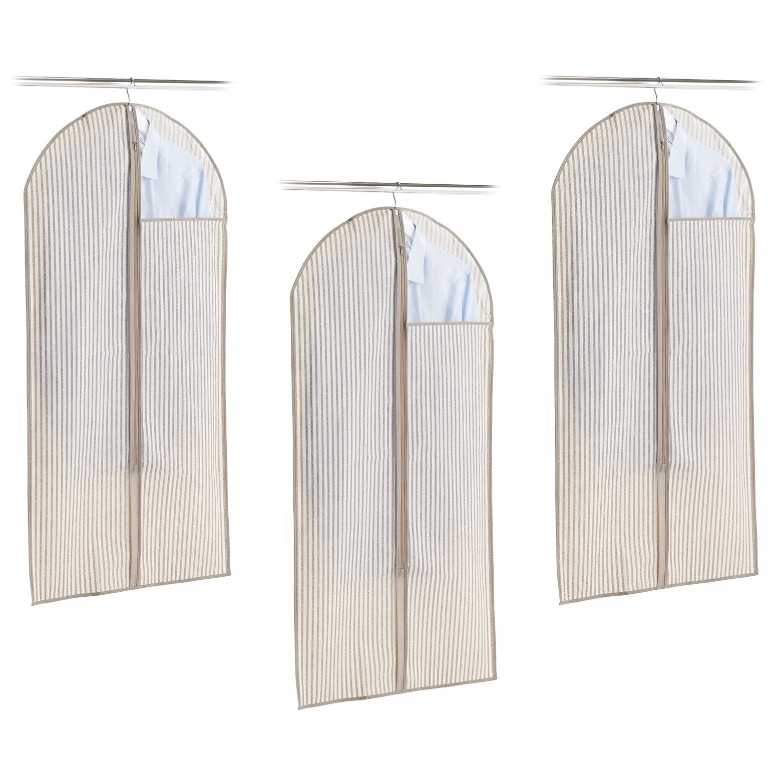 3x Beige gestreepte kledinghoezen 60 x 120 cm met kijkvenster -