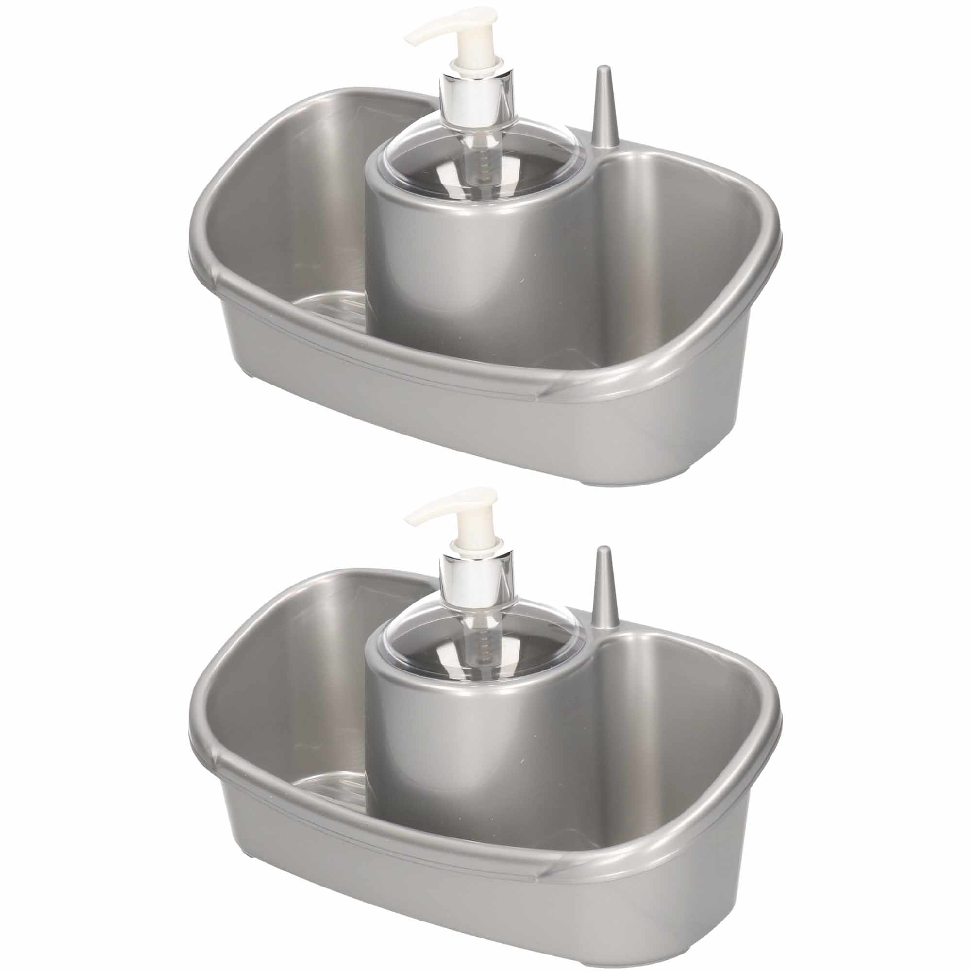 2x Sponsbakjes met zeep pompje/dispenser zilver 26 cm -