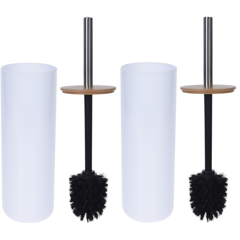 2x Witte toiletborstel houders met bamboe 26 cm -