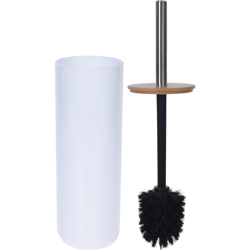 Witte toiletborstel houder met bamboe 26 cm -