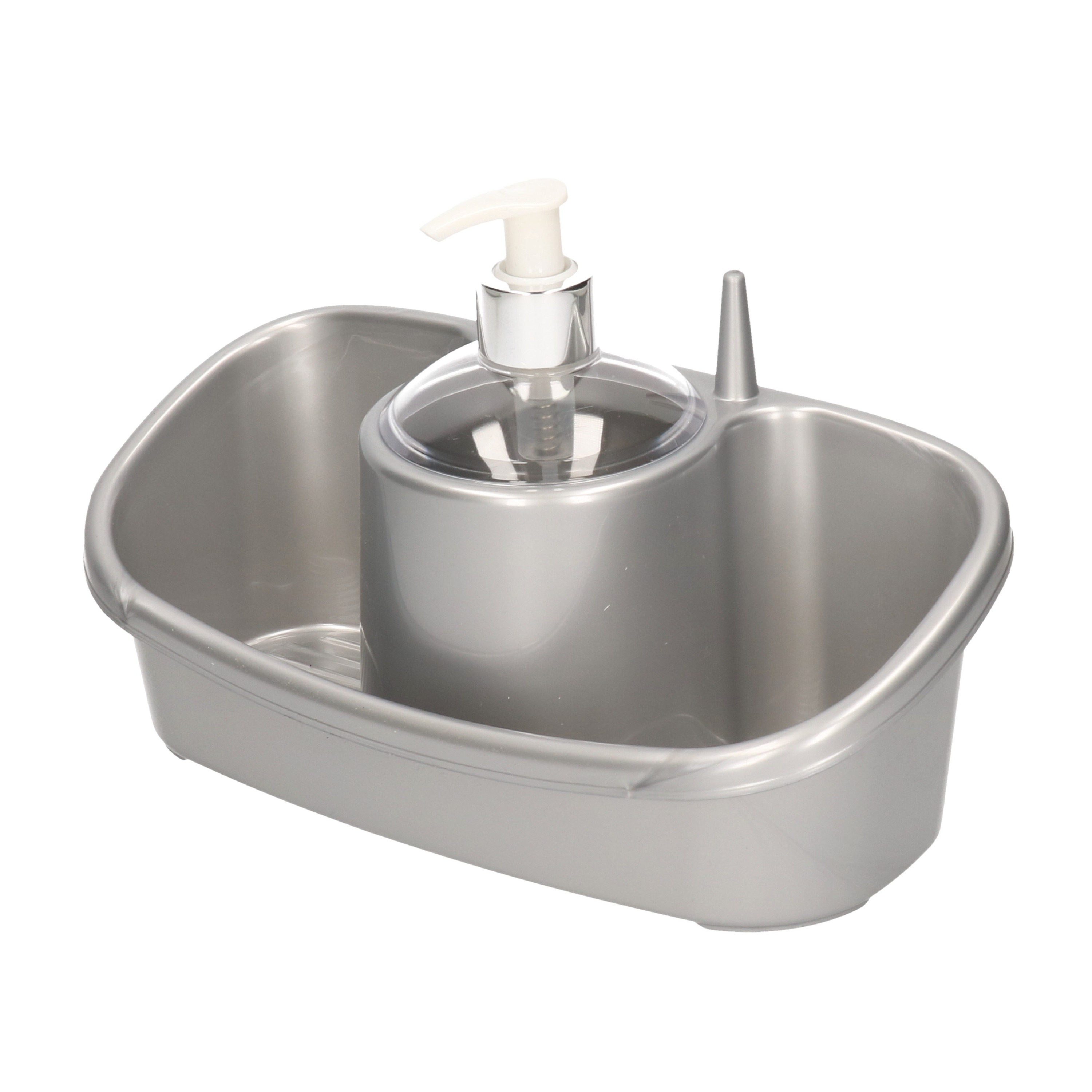 Sponsbakje met zeeppompje/dispenser zilver 26 cm -
