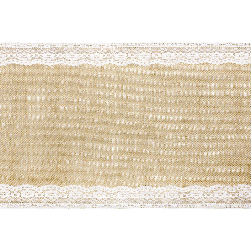 Jute tafellopers 28 x 275 cm met wit kant -