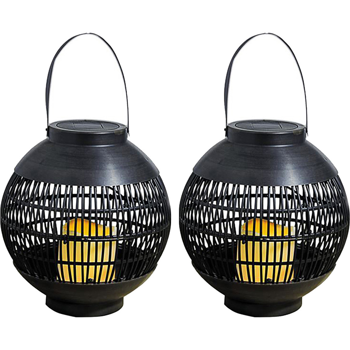 2x Buiten/tuin zwarte rotan lampionnen/hanglantaarns 23 cm solar tuinverlichting -