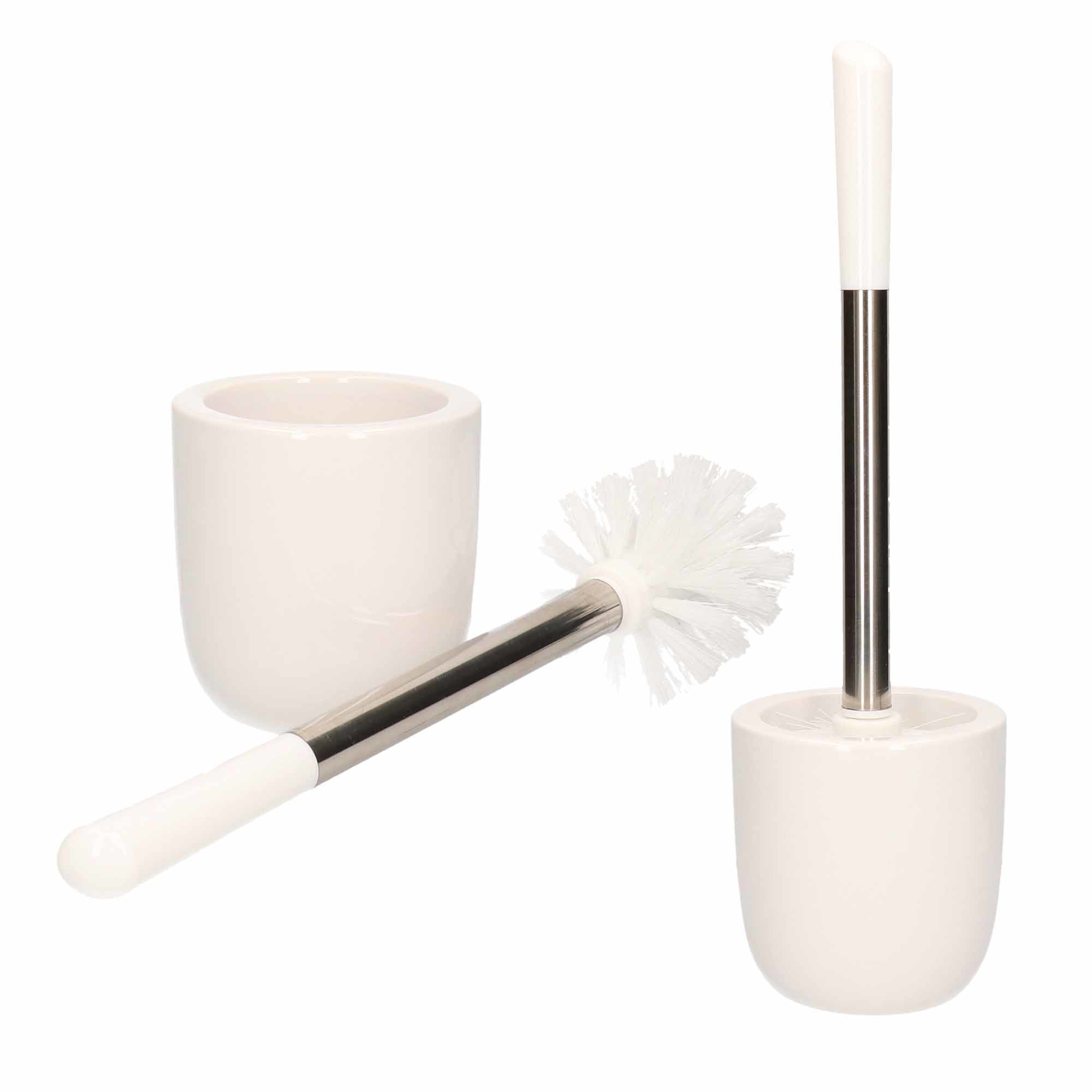 2x Toiletborstels met houder wit dolomiet RVS 39 cm -