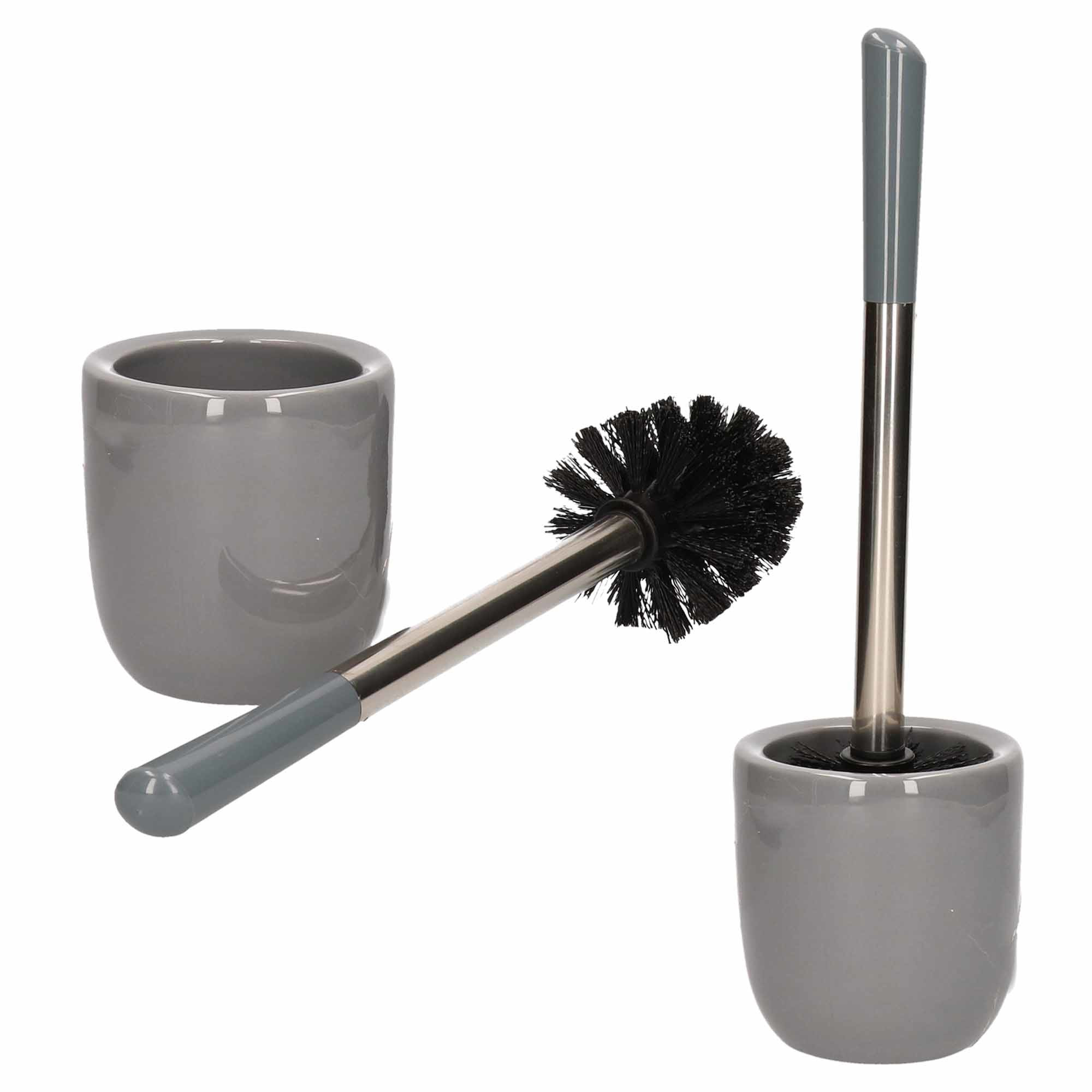 2x Toiletborstels met houder grijs dolomiet RVS 39 cm -