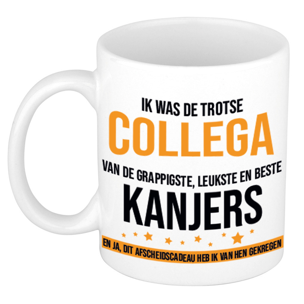 Trotse collega kanjers afscheidscadeau koffiemok / theebeker oranje en zwarte blokletters 300 ml -