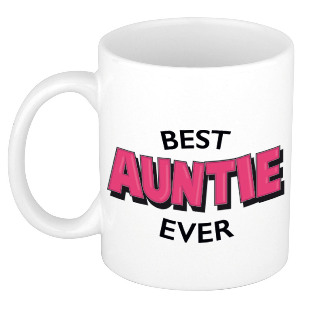 Best auntie ever cadeau mok / beker wit met roze cartoon letters 300 ml -