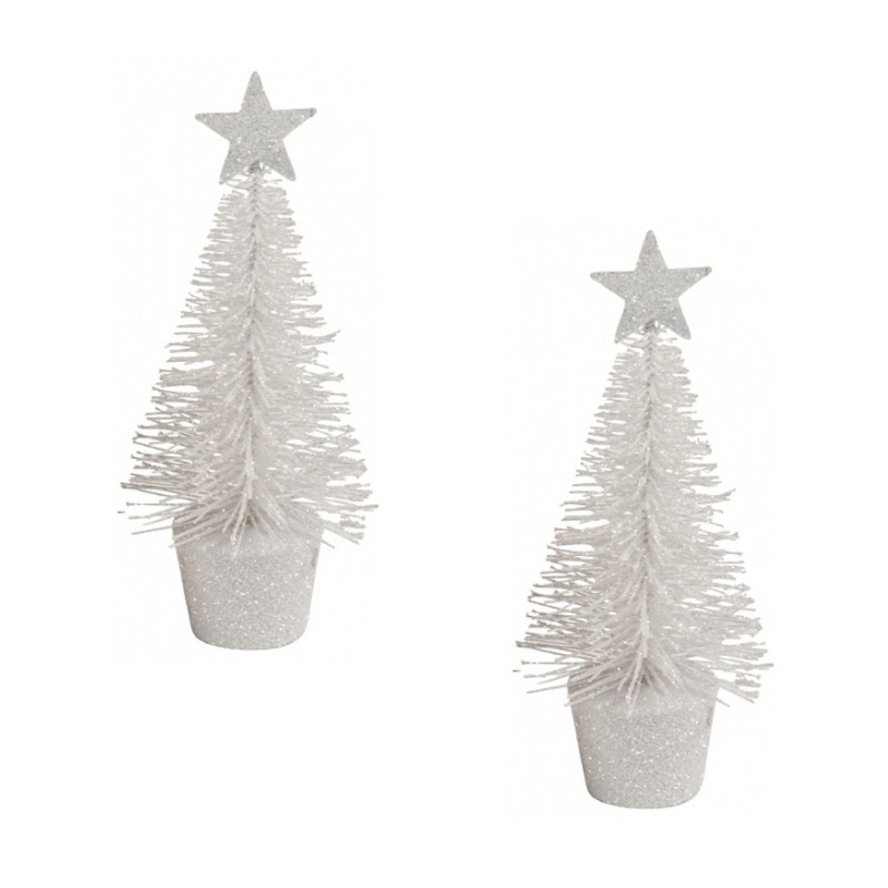 Kerstboompje - 2x - glitter wit - klein - 15 cm - kerstversiering -