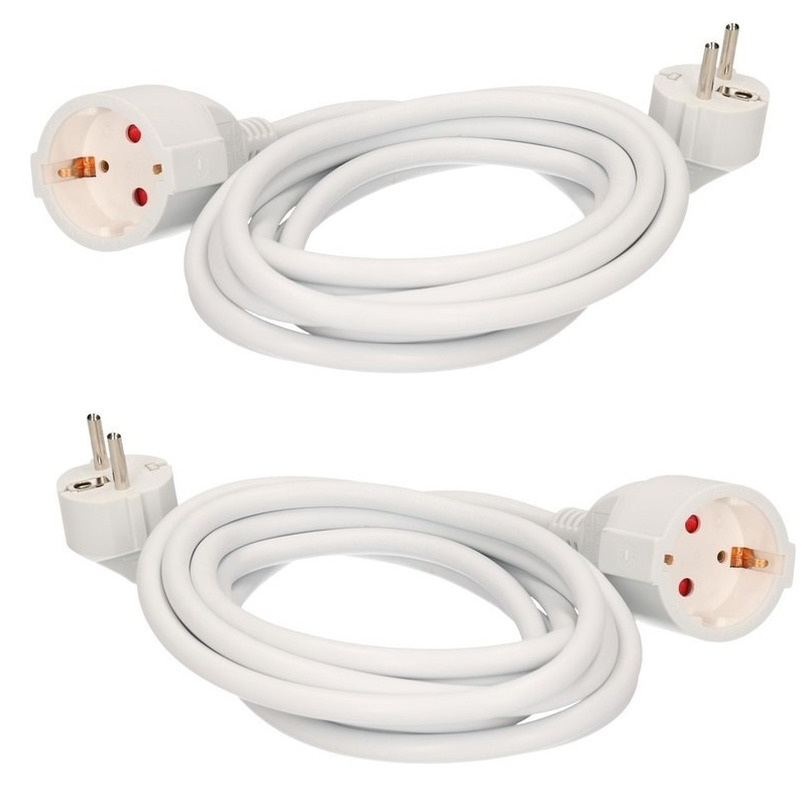 Verlengsnoer - 2x stuks - 3 meter - randaarde - wit - 3500W - 250V -