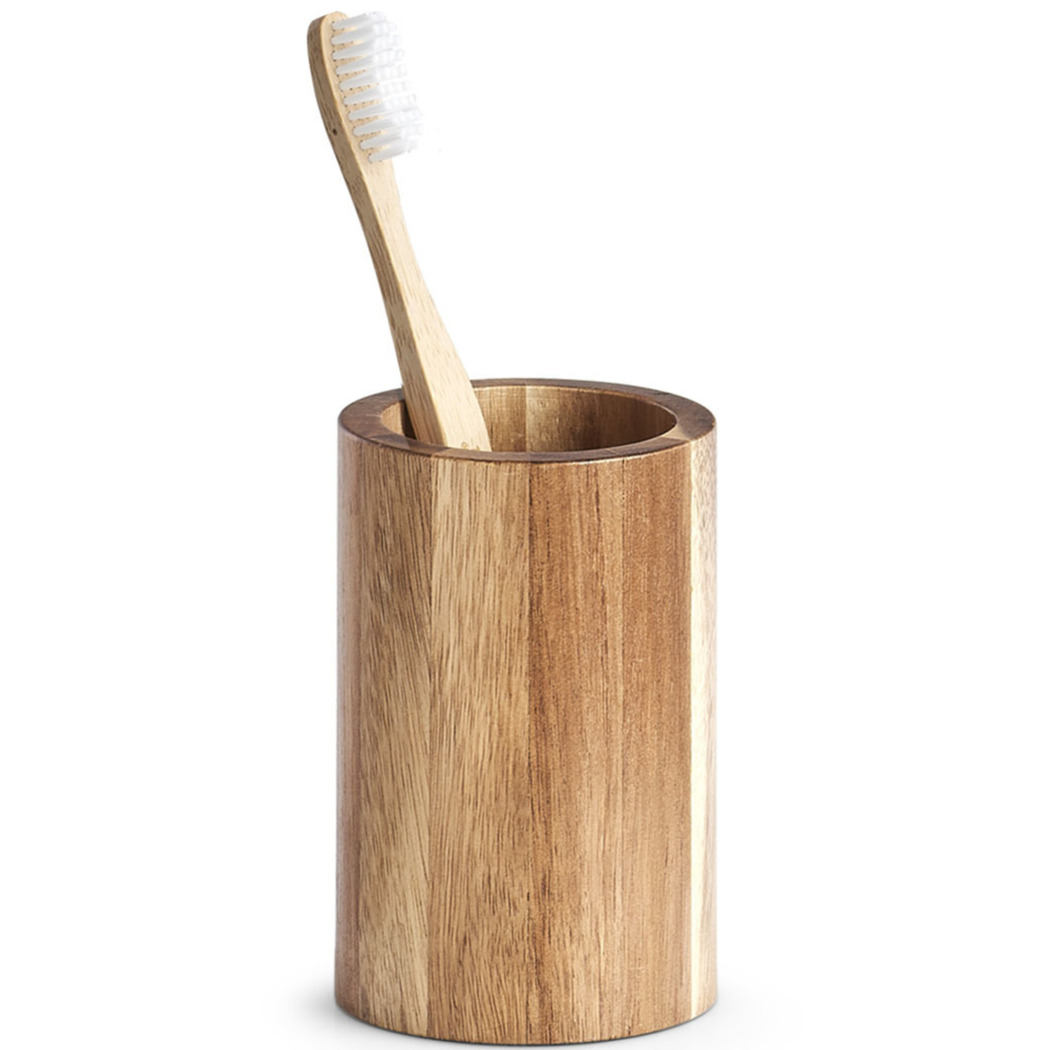 Badkamer beker/tandenborstel houder - naturel - acacia hout - 11 cm -