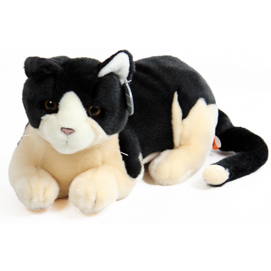 Pluche kat/poes knuffeldier - zwart/creme - 30 cm - huisdieren katten - lapjeskat -