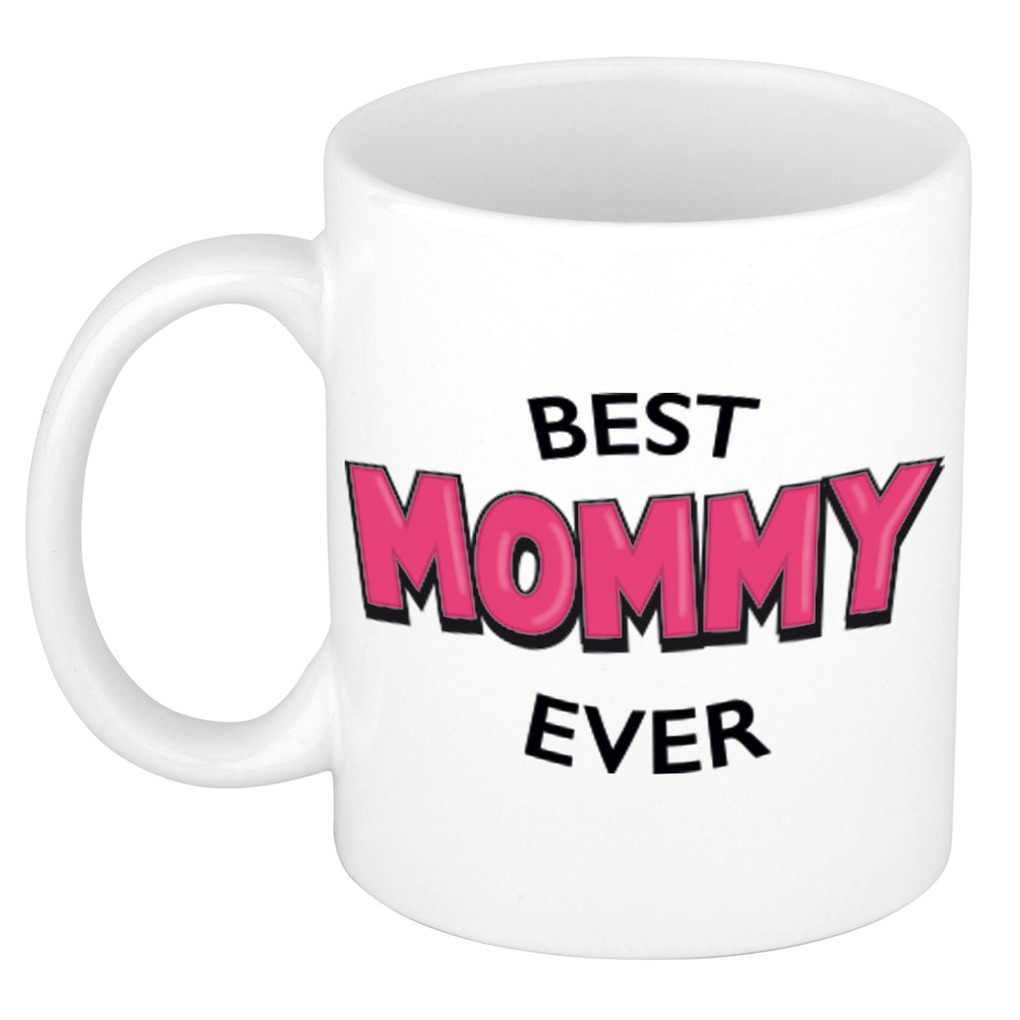 Best mommy ever cadeau mok / beker wit met roze cartoon letters 300 ml -