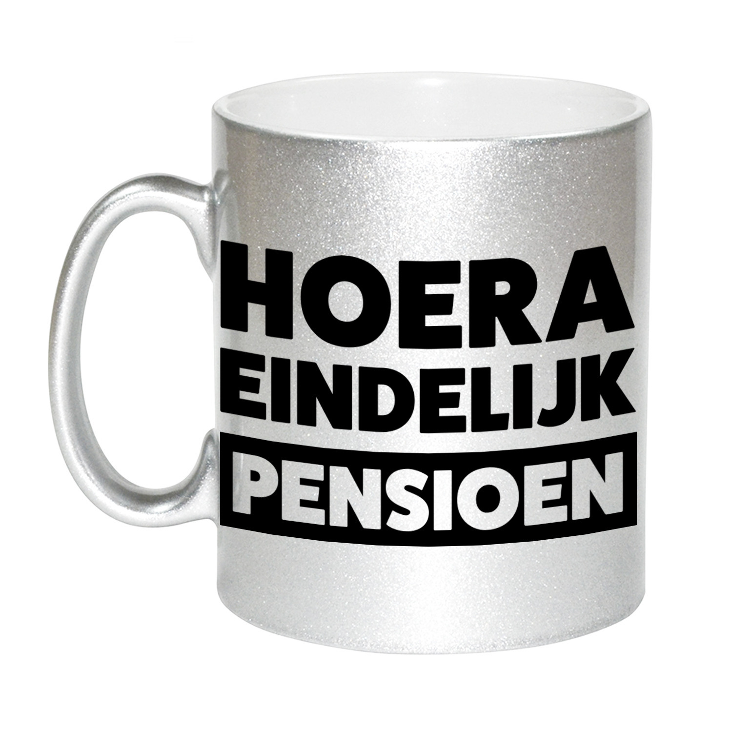 Pensioen mok / beker zilver Hoera eindelijk met pensioen 330 ml -