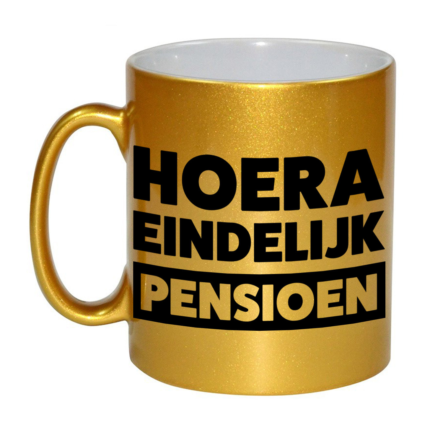 Pensioen mok / beker goud Hoera eindelijk met pensioen 330 ml -
