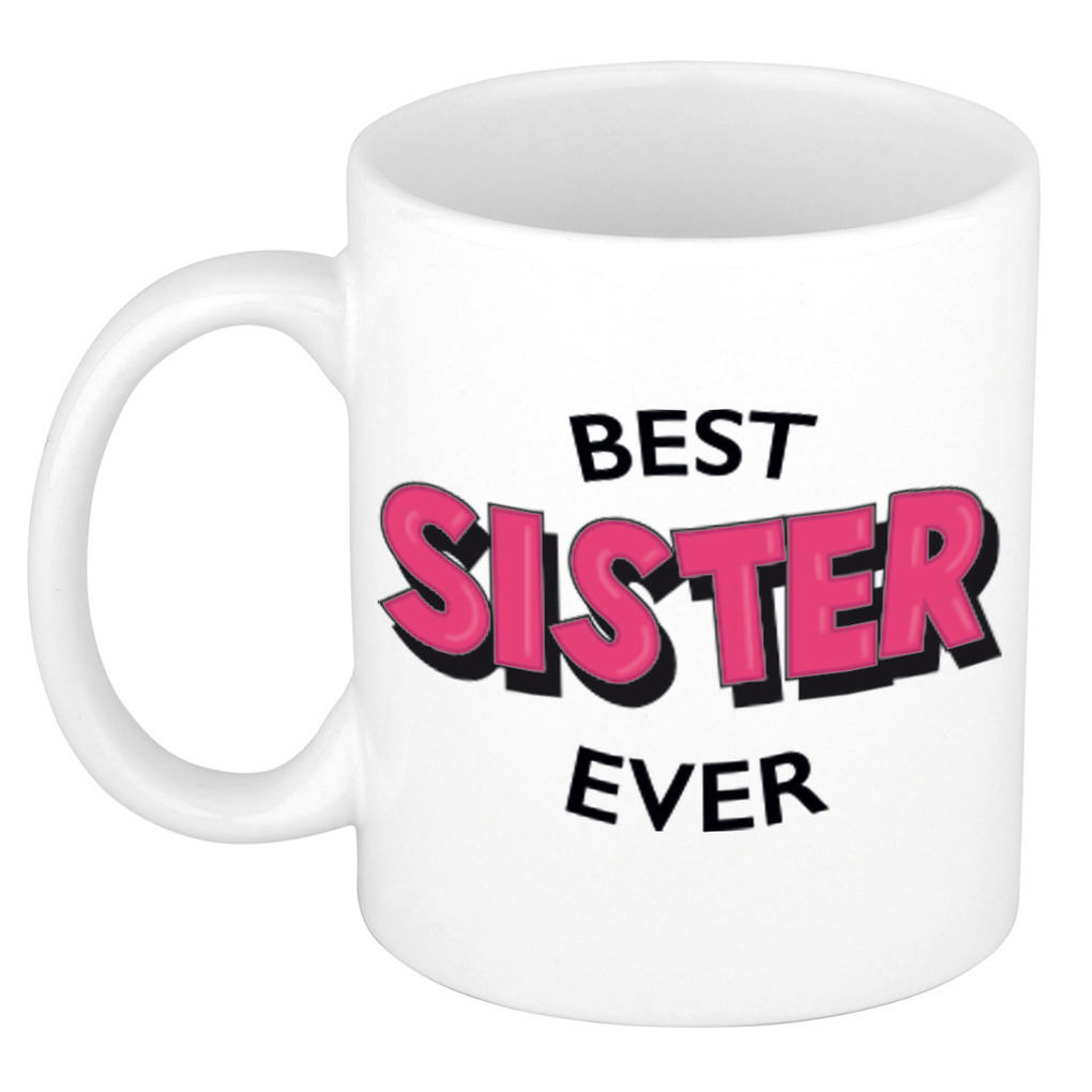 Best sister ever cadeau mok / beker wit met roze cartoon letters 300 ml -