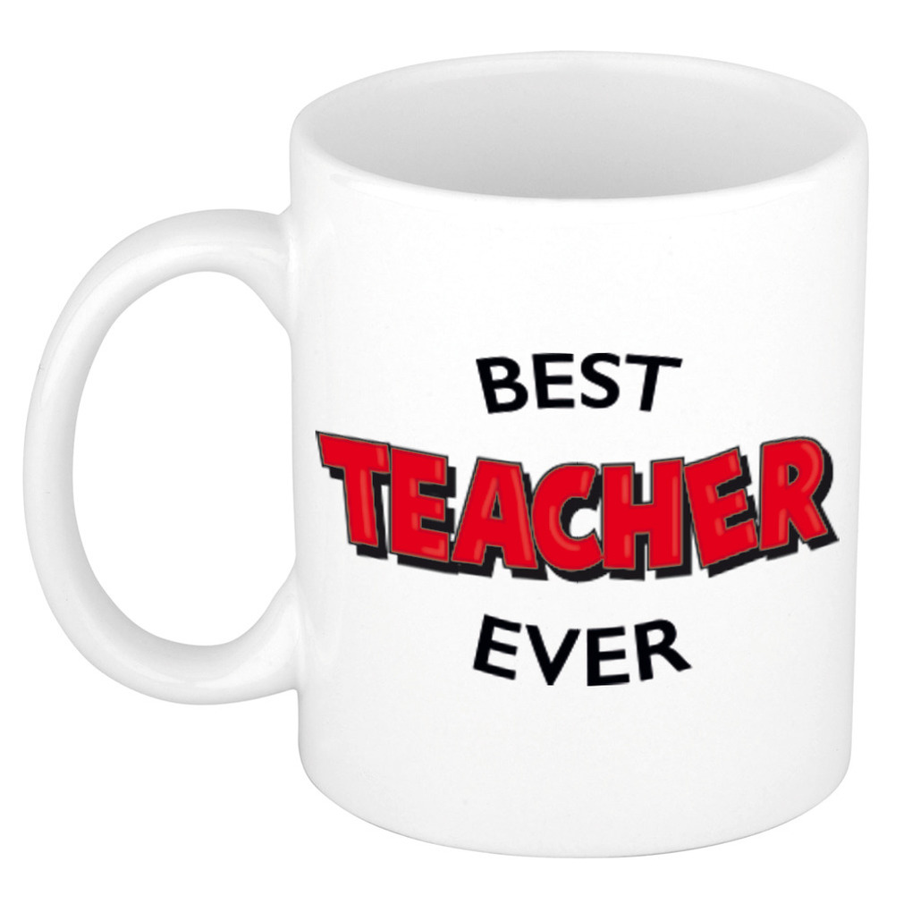 Best teacher ever cadeau mok / beker wit met rode cartoon letters voor meester / juf 300 ml -