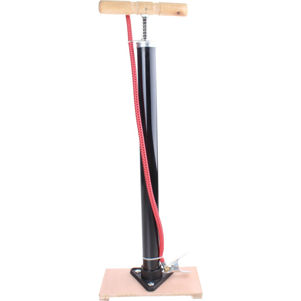 Zwarte fietspomp staand met houten handvat -