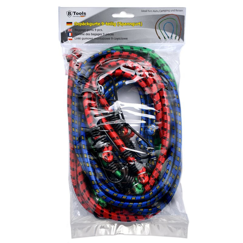 Bagagespinnen - 9 stuks - snelbinders groen/rood/blauw - 60 / 80 / 100 cm -