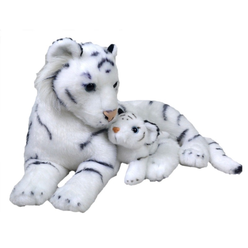 Wild Republic Pluche witte tijger met jong knuffel - 38 cm - Tijgers Wilde dieren knuffels -