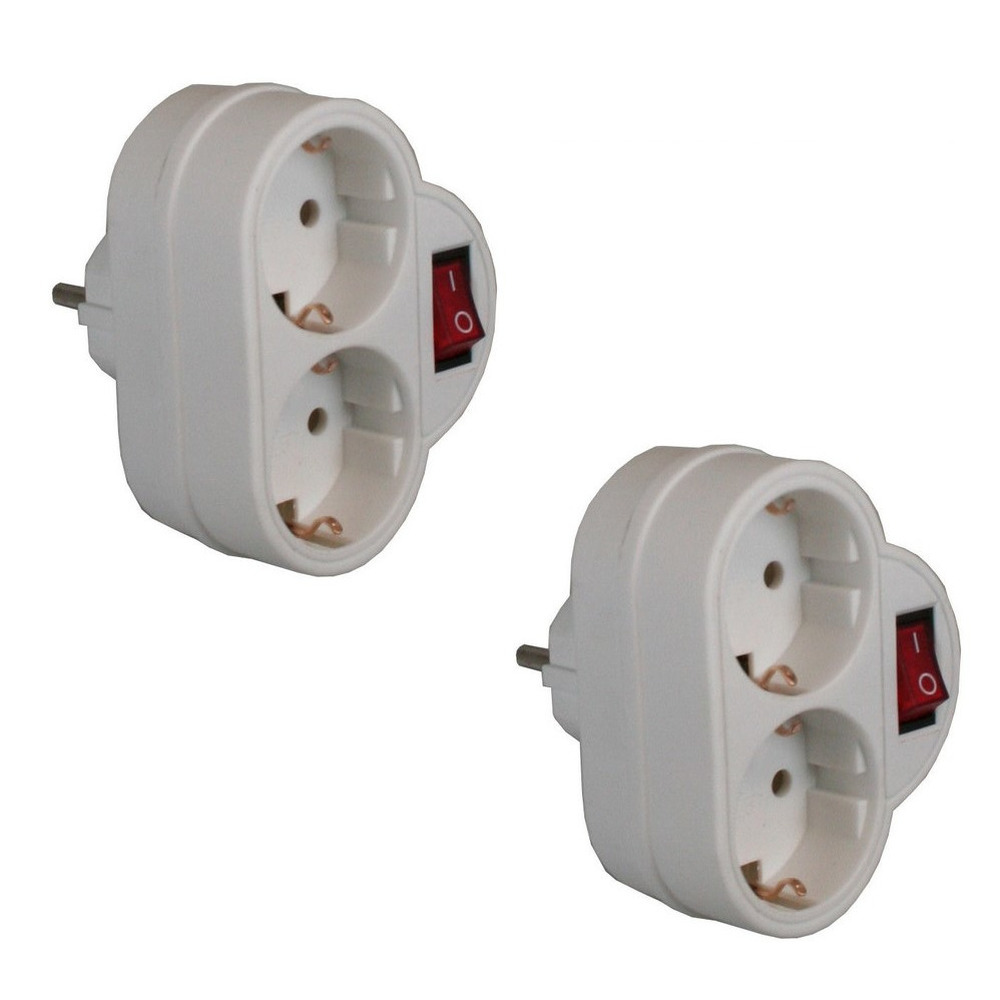 Benson Stopcontact splitter - 2x stuks - dubbel wit - met randaarde en schakelaar -