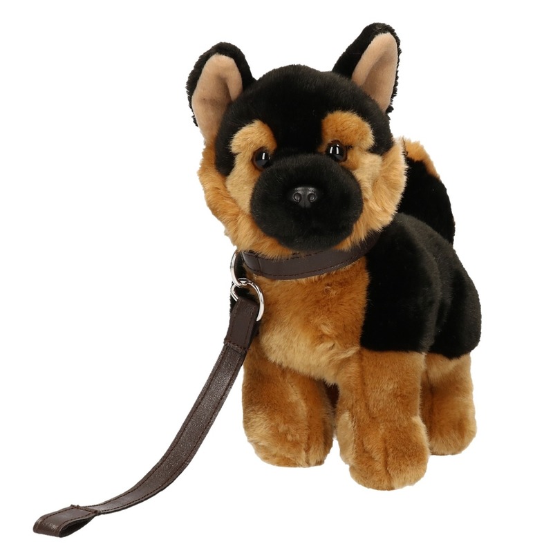 Duitse Herdershond knuffel - 22 cm - pluche - met riem - hond - hondenknuffel -