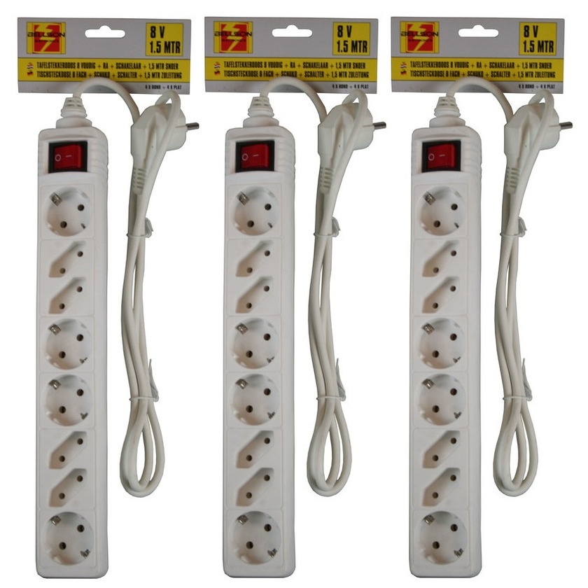 3x Stekkerdozen 8-voudig met randaarde en schakelaar wit 1,5 meter -