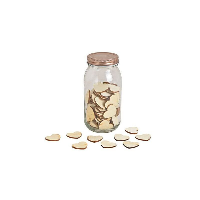 2x Glazen wenspotjes met 100 houten hartjes 17 cm bruiloft decoratie -