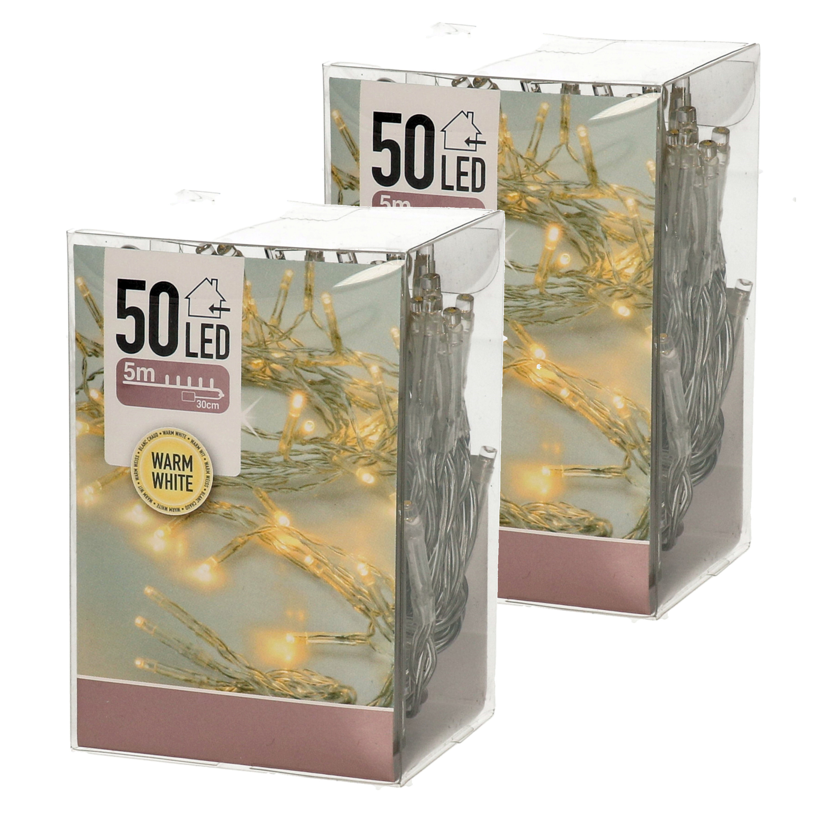 Kerstverlichting - 2x - op batterij - warm - wit - 50 led lampjes - 5 meter - transparant snoer -