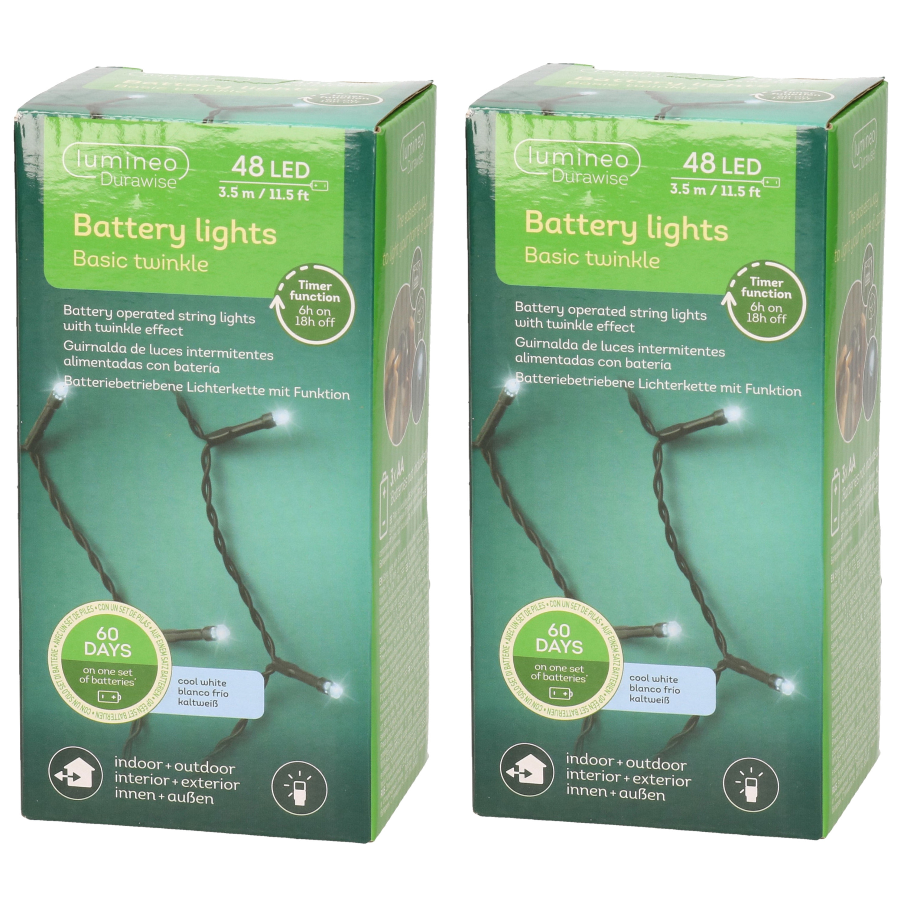 Lumineo kerstverlichting - 2x stuks - batterij - 48 led lampjes - helder wit - 400 cm -