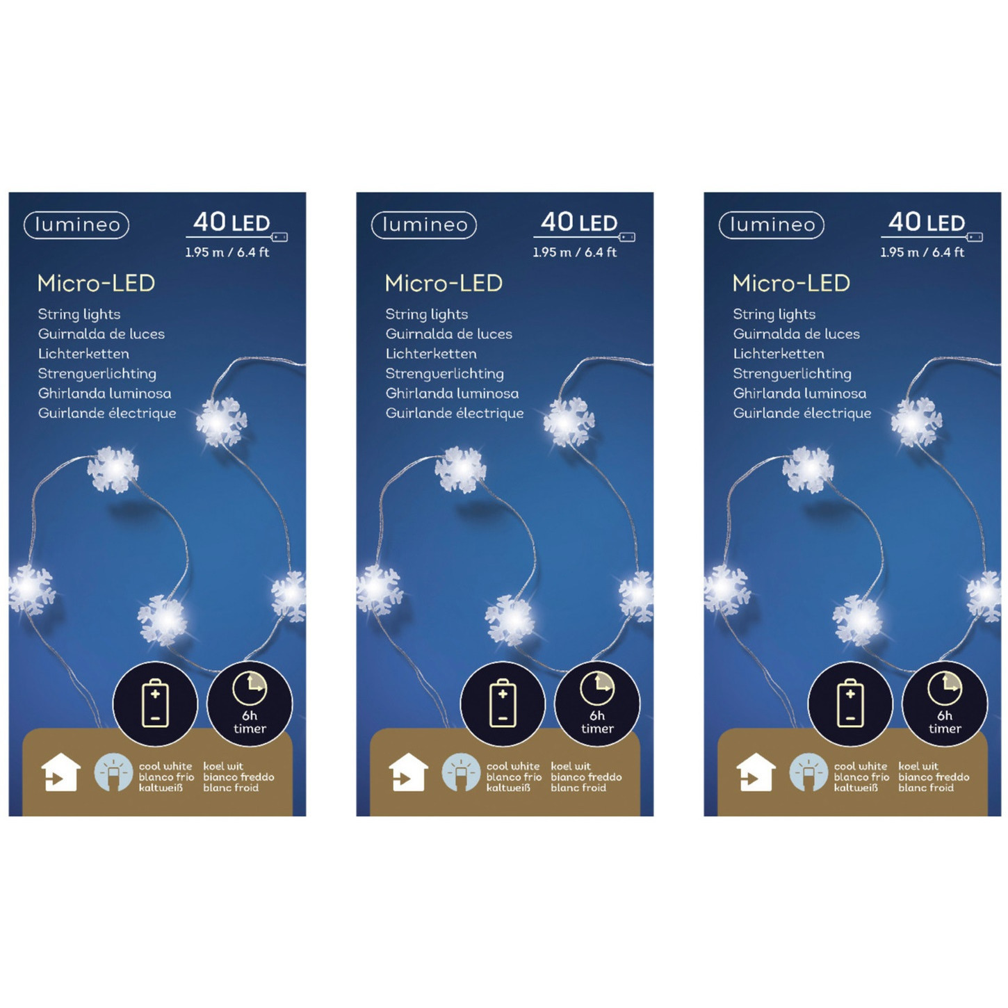 3x stuks sneeuwvlokken lichtsnoeren met timer 40 lampjes wit op batterij -