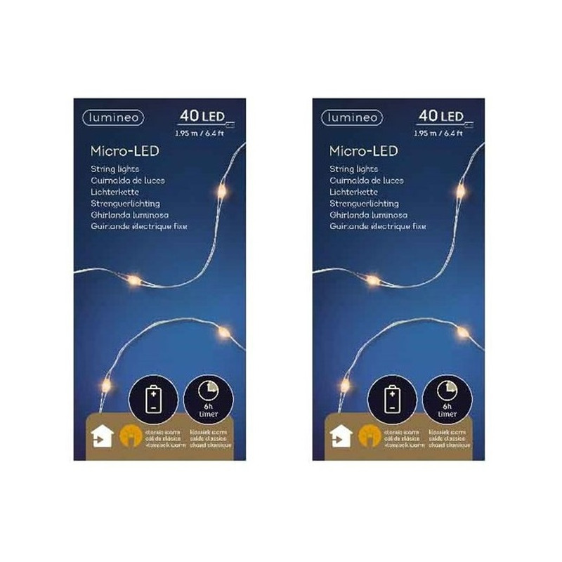 6x stuks timer draadverlichting zilverdraad 40 warm witte lampjes 195 cm -